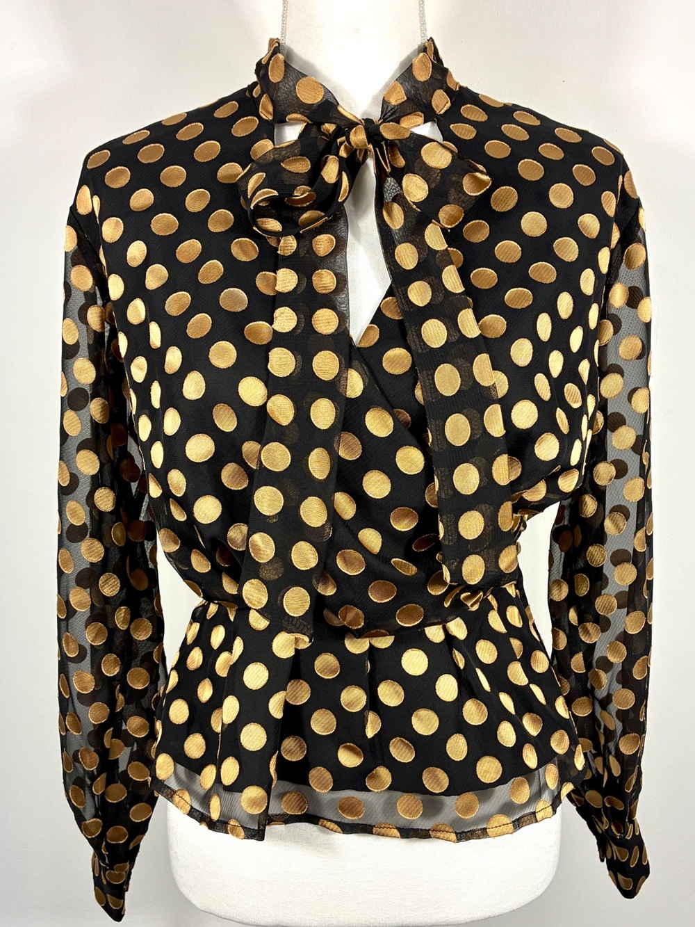 Astr Black Gold Polka Dot Tie Neck Wrap Blouse XS Sheer Long Sleeve